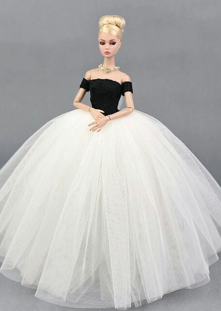 Vestido blanco negro velo para Barbie